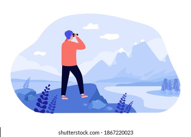 Male explorer standing at cliff, looking at mountains through binoculars. Man enjoying nature and hiking, searching new opportunities. Vector illustration for travel, active lifestyle, goal concept