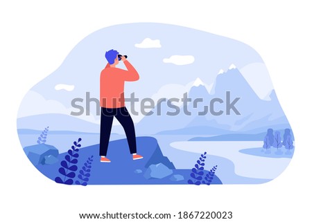 Male explorer standing at cliff, looking at mountains through binoculars. Man enjoying nature and hiking, searching new opportunities. Vector illustration for travel, active lifestyle, goal concept