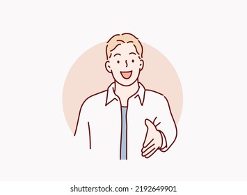 Hombre extendiendo su mano para un saludo de apretón de manos. Ilustraciones de diseño vectorial de estilo dibujado a mano.