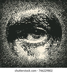 Male Eye And Halftone Drawing Textures. Vector Illustration