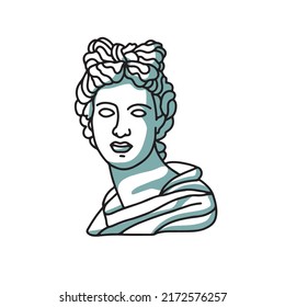 Male face of Apollo sculpture. Modern linear art, aesthetic contour with shadow. Perfect for home decor, bag, t-shirt print, sticker. Hand drawn vector y2k illustration.