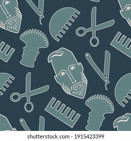 Male face and barber tools seamless vector pattern background. Blue backdrop with head of a bearded man, comb, scissors, shaving brush, razor. Hipster repeat for male self care, wellness, hairdressing