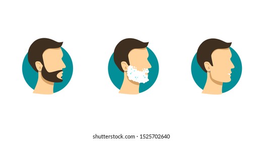 Male face with beard, foam, and aftershave. Vector icons in flat style. Shaving effect.