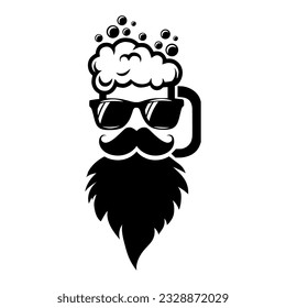 Male face with beard, mustache and sunglasses as a Beer mug. Celebration of Father's Day and birthday vector funny tee shirt design.