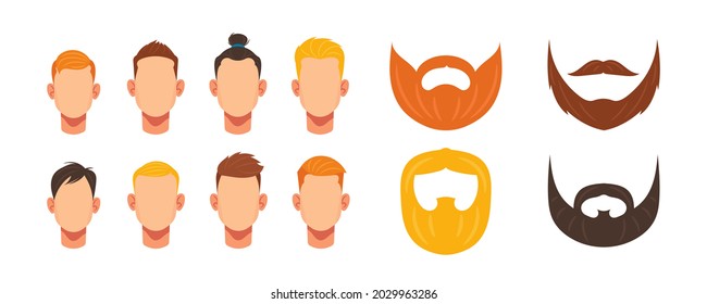 Male Face Constructor, Avatar of Caucasian Man Character Creation Heads, Hairstyle, Hipster Mustaches and Beards. Facial Elements for Young Boy Appearance Construction. Cartoon Vector Illustration Set