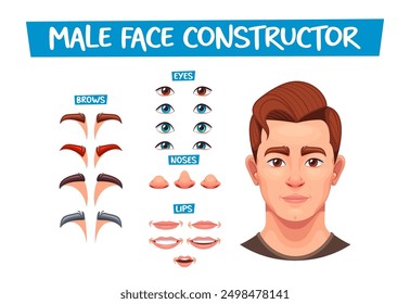 Male Face Constructor With Different Customizable Features Including Eyes, Brows, Noses, And Lips. Comprehensive Set