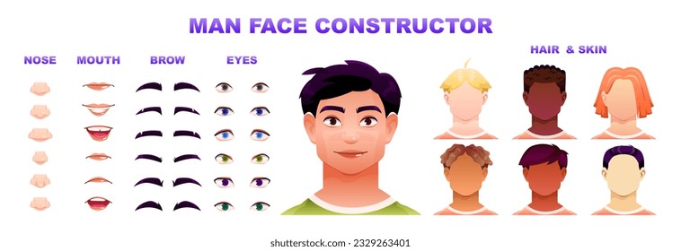 Male face constructor. European or Asian man with set of eye, hairstyle, skin color, nose and mouth. Emotions and facial elements for character creation and animation. Cartoon flat vector illustration