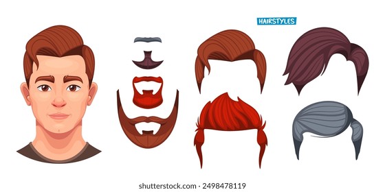 Male Face Constructor Featuring Various Hairstyles And Beards For Customizing Character Appearances For Animation Design