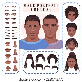 Constructor de la cara masculina. Generador de retrato realista. Hermoso creador de avatares de hombre africano con ojos detallados, nariz, labios y varios peinados. 