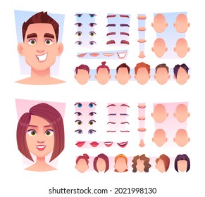 Male Face Constructor. Man Face Parts Avatar Creation Kit Lips Nose Eyes Head Various Emotions Exact Vector Illustrations In Cartoon Style