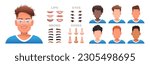 Male face constructor. A set of eyes, noses, eyebrows, lips and hairstyles to create male characters. Facial elements for building a portrait of a young man. Vector illustration in cartoon style