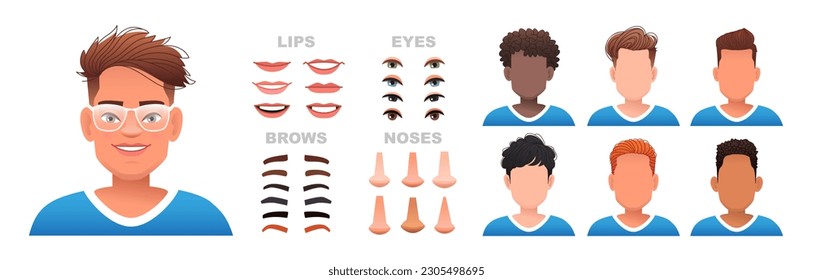 Constructor de la cara masculina. Un conjunto de ojos, narices, cejas, labios y peinados para crear personajes masculinos. Elementos faciales para construir un retrato de un joven. Ilustración vectorial en estilo de caricatura