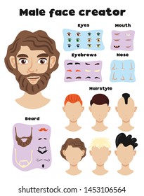 Male face creator set of elements and face templates with different hairstyle and hair colors vector illustration