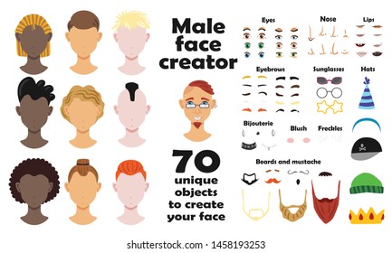 Male face creator set of portrait models and seventy unique objects to create face flat vector illustration