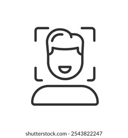 Male face detected, icon in line design. Male, face, detected, recognition, identification, detection, biometrics on white background vector. Male face detected editable stroke icon