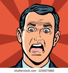 male face fright emotion, fear anxiety news danger surprise. Pop art retro vector illustration kitsch vintage 50s 60s style.