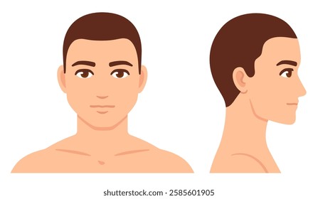 Male face and head profile diagram, simple flat cartoon style. Man head template for beauty and healthcare infographic. Isolated vector illustration.