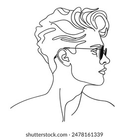 Male face in line art style. Minimal portrait young man in sunglass poster.
