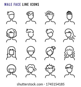 Male face line icons, Hair styles on male face line icons, Set of simple male face sign line icons, Cute cartoon line icons set, Vector illustration 