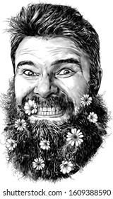 male face with long hair and beard with a tight smile with teeth on the beard hanging wildflowers chamomile and holding a flower in his teeth ,sketch vector graphic illustration on a white background