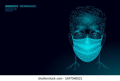 Male face mask. Infection pneumonia prevention healthcare. 3D low poly boy human blue glowing banner. Wear surgical medical mask against virus epidemic vector illustration