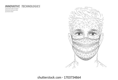 Male face mask. Infection pneumonia prevention healthcare. 3D low poly boy human blue glowing banner. Wear surgical medical mask against virus epidemic vector illustration