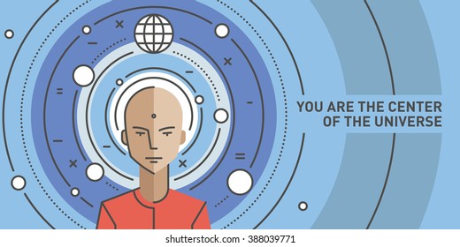 Male face portrait web banner. Modern flat line style with pastel colors. You are the center of the universe. Vector illustration.