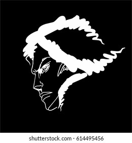 male face in profile, the white vector at the black background hand drawn flat image of a person silhouette