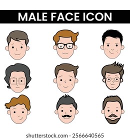 Male face reaction icon set in cartoon style showcasing diverse emotions like happy, sad, angry, surprised, and neutral. Ideal for communication, expressions, and visual projects.