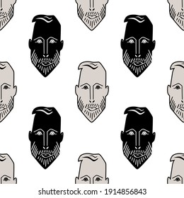 Male face seamless vector pattern background. Alternating rows of hand drawn bearded men heads on white backdrop. Geometric flat line art and graphic illustration. All over print for hipster concept