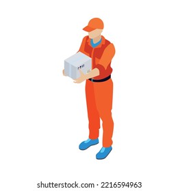 Male faceless character of courier holding cardboard box 3d isometric vector illustration
