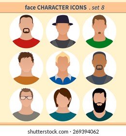 Male faces avatars. Character icons. Vector illustration, set 8.