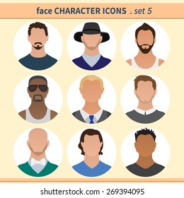 Male faces avatars. Character icons. Vector illustration, set 5.