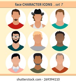 Male faces avatars. Character icons. Vector illustration, set 7.
