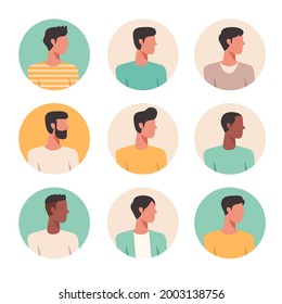 male faces avatars isolated at round icons set, people portraits of young men, flat style vector design illustration