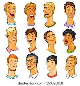 Male faces - Expressions. Collection, comic clip-art.
