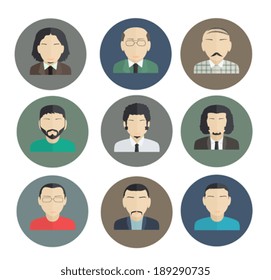 Male Faces, icons of characters in a flat style.