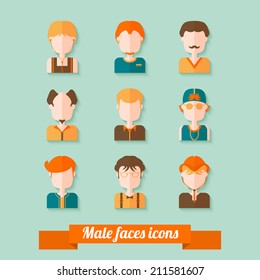 Male faces icons set in trendy flat style. Different faces of men for avatar, profile page, for app or web design made in modern flat style. Vector men characters.