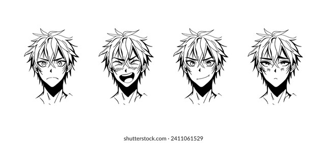 Male faces manga style. Cute cartoon anime characters with different emotions, traditional asian kawaii eyes comic concept. Vector isolated set