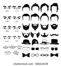 Male faces monochrome constructor with hairstyles beards and mustaches hat and ties glasses isolated vector illustration   