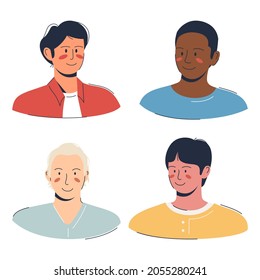 Male faces, smiling male faces, avatar concept, flat vector set illustration