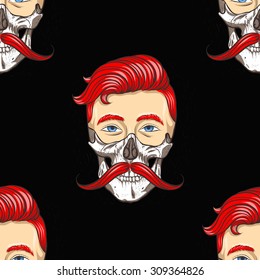 Male face.Skeleton face.Seamless pattern background.Hipster.Skeleton mask.Mustache.