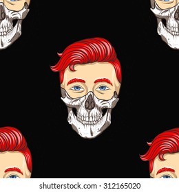Male face.Skeleton face.Seamless pattern background.Hipster.Skeleton mask.
