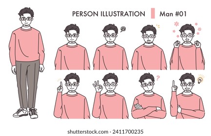 Male facial expression illustration set