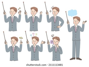 Male facial expression set in suit to explain with support stick