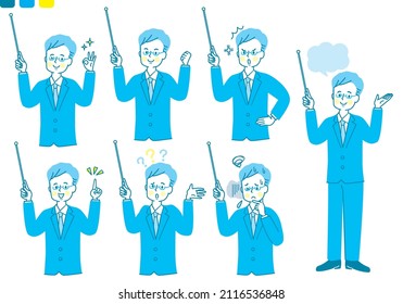 Male facial expression set in suit to explain with instruction stick