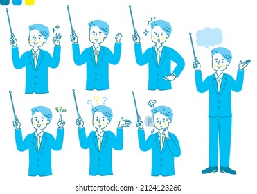 Male facial expression set in suit to explain with instruction stick