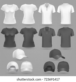 Male and famale black white t-shirt and baseball cap vector 3d mockup isolated. T-shirt mockup and sportswear baseball cap illustration