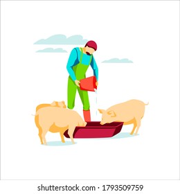 Male famer feeding pigs pouring water in trough. Farm animal husbandry and breeding. Livestock agricultural industry. Eco farming and agriculture concept flat vector illustration on white background