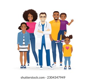 Male family doctor mother and father with daughters and son standing together vector illustration